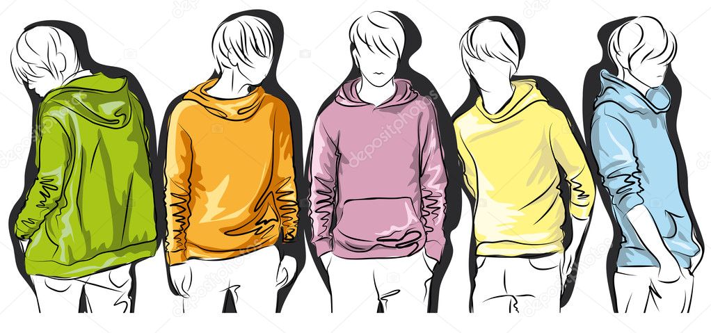 Sketch of young men in colorful jackets