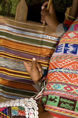 Woman weaving a rug in Peru clipart