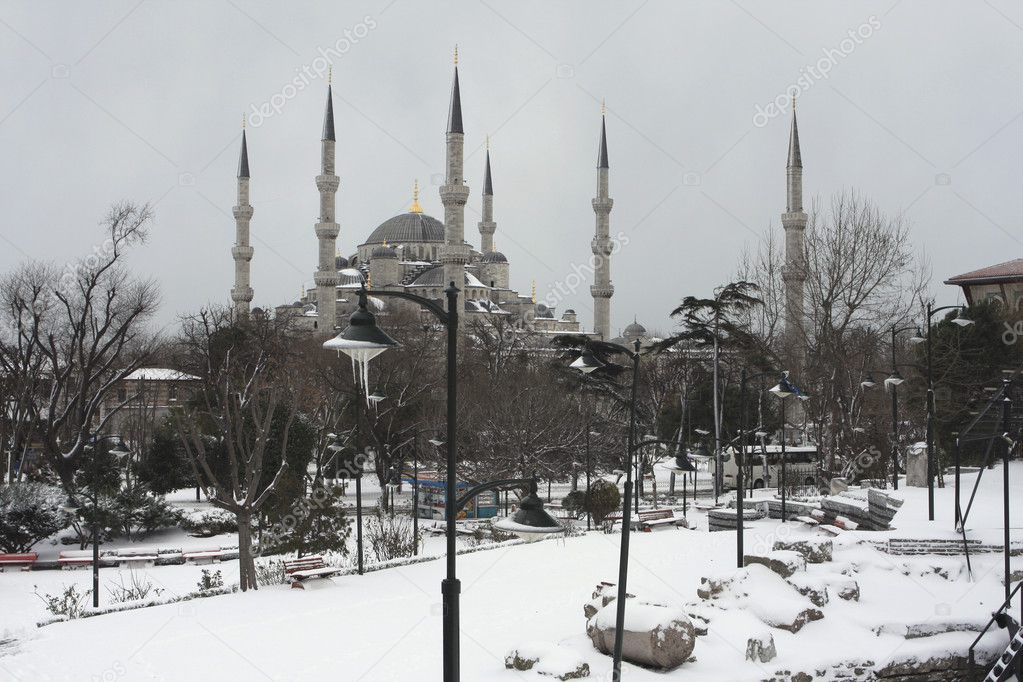 Snow covering the Blue Mosque in Istanbul Turkey