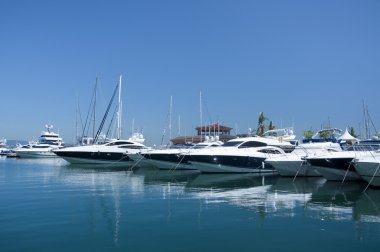 A line of cruisers berthed in Gibraltar marina clipart