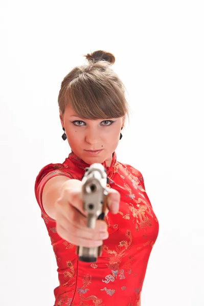 Felfegyverkezve egy pisztolyt lány — Stock Fotó