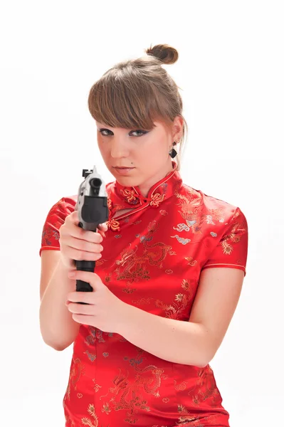 Οπλισμένοι με ένα πιστόλι κορίτσι — Φωτογραφία Αρχείου