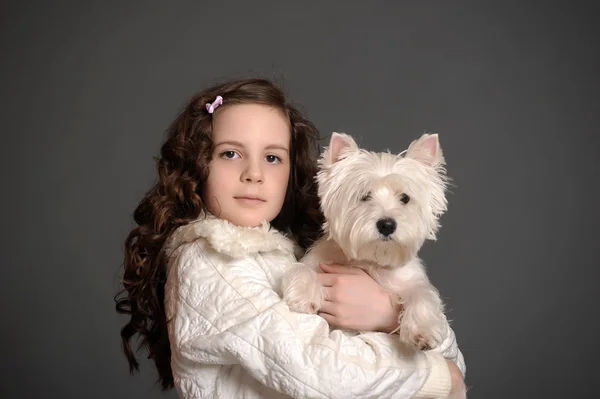 Krásná dívka s bílým psem nadýchané — Stock fotografie