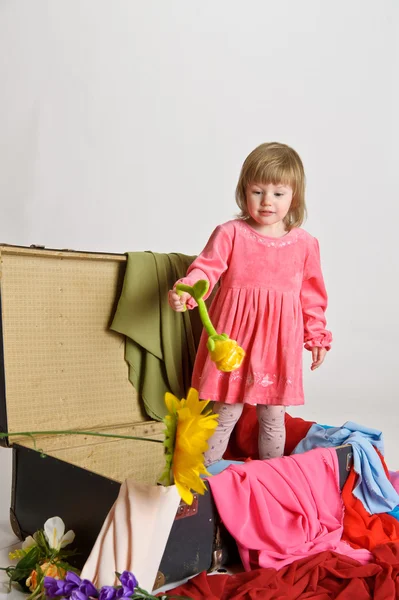 小女孩和一个老的手提箱 — 图库照片