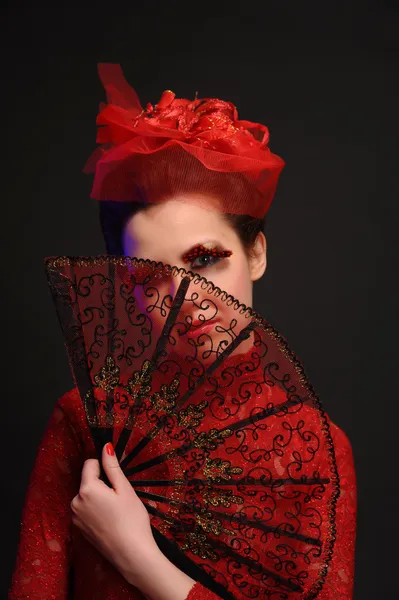 Flamenco dancer woman gipsy red rose spanish fan — Stock Photo, Image