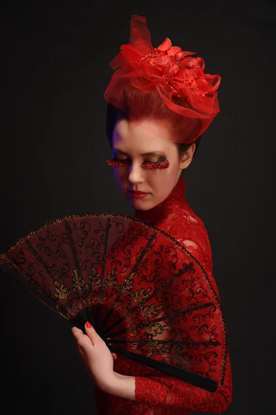Flamenco dancer woman gipsy red rose spanish fan — Stock Photo, Image