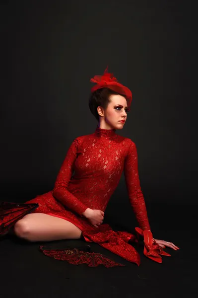 フラメンコ ダンサー女性赤ジプシー ローズ スペイン語ファン — ストック写真