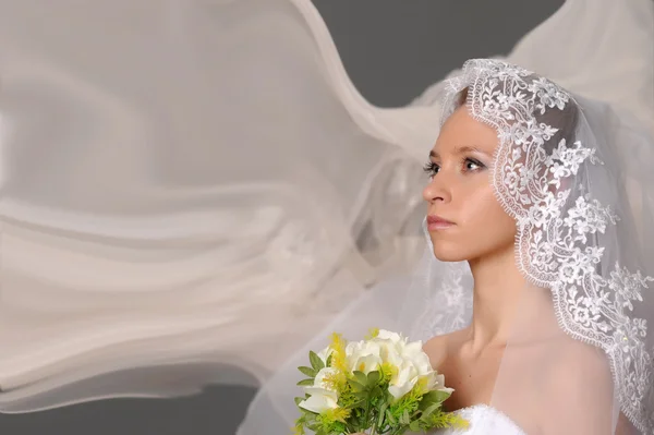 Bela noiva vestida de vestido branco — Fotografia de Stock
