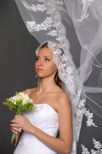 Όμορφη νύφη ντυμένη με άσπρο φόρεμα — Φωτογραφία Αρχείου