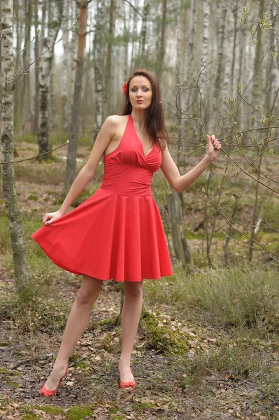 Brunett i en röd klänning — Stockfoto