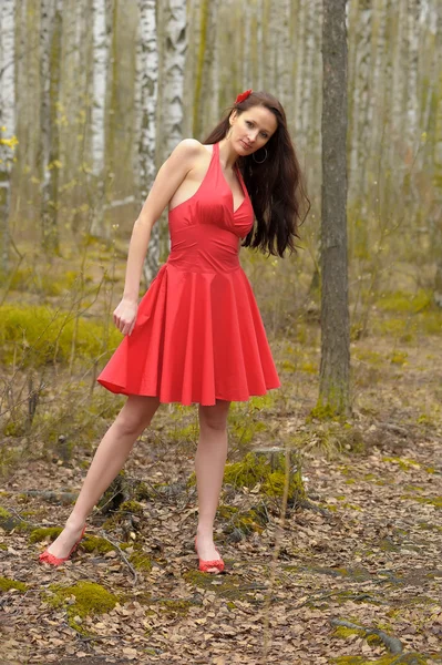 Μελαχρινή σε ένα κόκκινο φόρεμα — Φωτογραφία Αρχείου