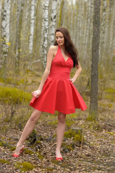 Brunetka w czerwonej sukience — Zdjęcie stockowe