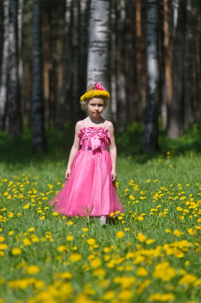 Little girl stands on field of dandelions — Stock Photo, Image