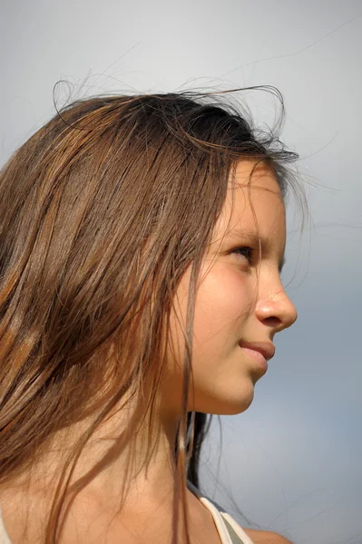 Menina bonito com cabelo levemente agitado no vento — Fotografia de Stock
