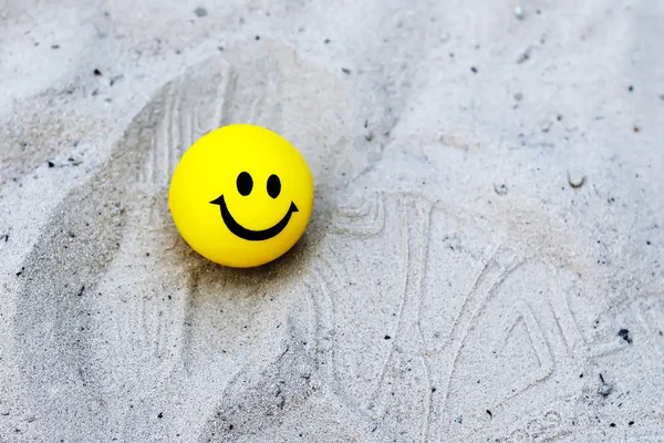 Criança pequena amarela uma bola. Bola com um sorriso . Imagem De Stock