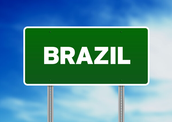 Green Brazil highway sign on Cloud Background.