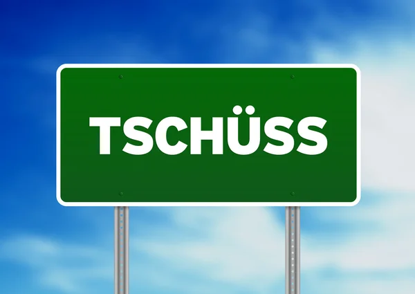 Panneau de route verte avec mot Tschüss — Photo