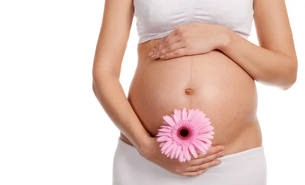Беременная женщина с цветами — стоковое фото