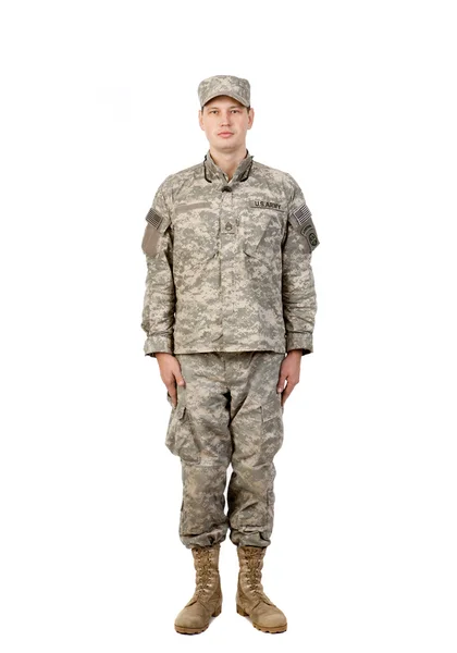 Soldat mit Gewehr auf weißem Hintergrund — Stockfoto