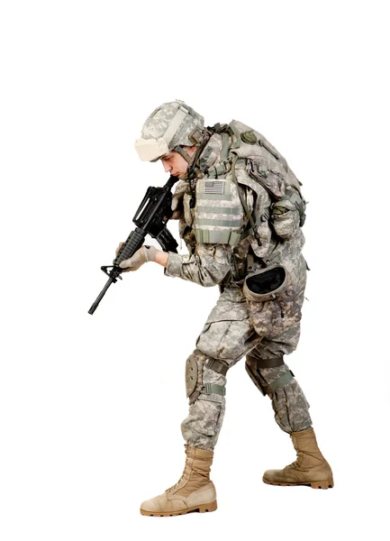Soldat avec fusil sur fond blanc — Photo