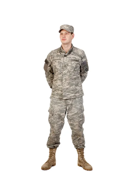 Soldado com rifle em um fundo branco Imagem De Stock