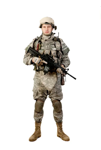 Soldado com rifle em um fundo branco Imagens Royalty-Free