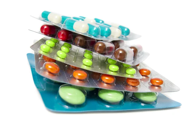 Un mucchio di pacchetti di pillole assortiti — Foto Stock