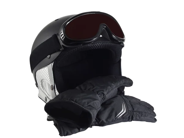 Óculos de esqui, capacete e luvas — Fotografia de Stock