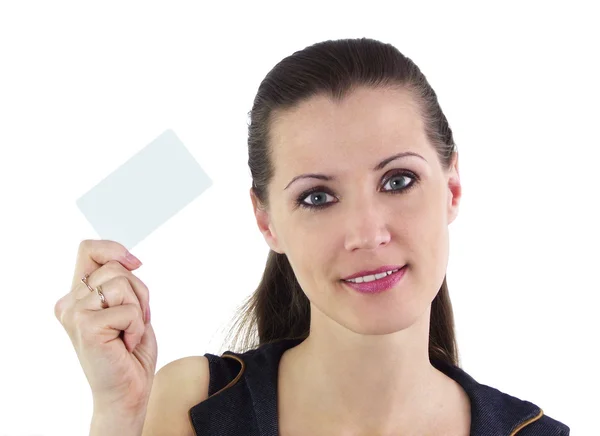 Beautiful woman holding blank card — Stock Photo, Image