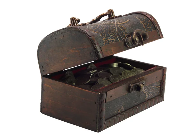 The antiquarian, wooden slightly opened chest with coins — Stock Photo, Image