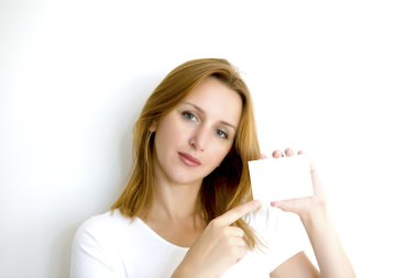 Woman holding white card clipart