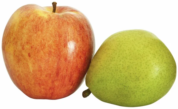 Saftige grüne Birne und roter Apfel. — Stockfoto
