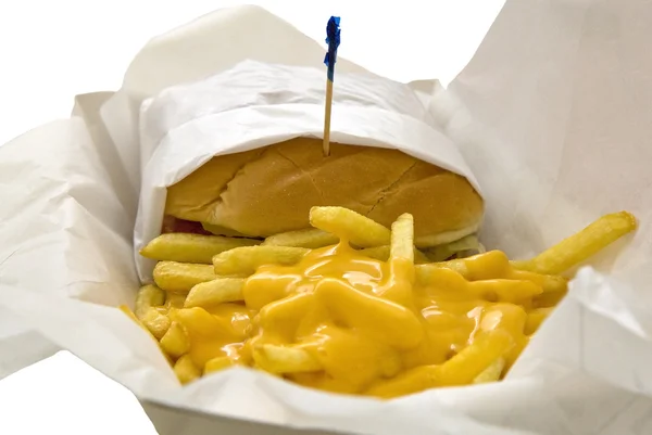 Hamburger with fried chips — Stock Photo, Image