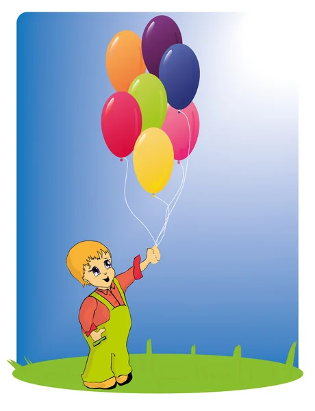 Boy holds the bunch of balloons — Stock Vector