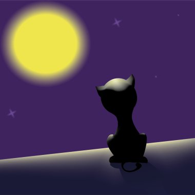 Çatıda Ay'a seyir siyah kedi