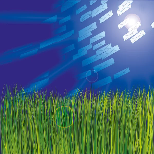 草和晴朗的天空为背景与信封 — 图库矢量图片