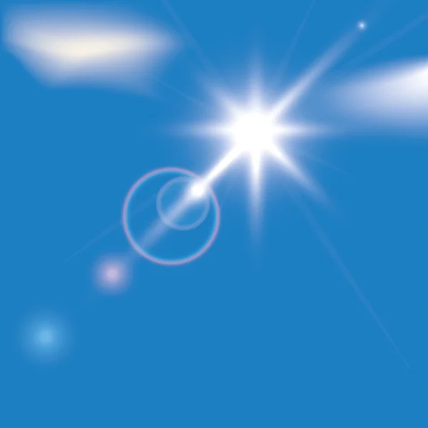 Vector sun on blue sky with lenses flare — Stock Vector