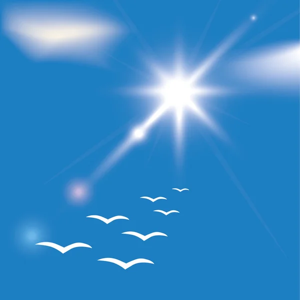 Manada de golondrinas en el cielo azul con nubes — Vector de stock