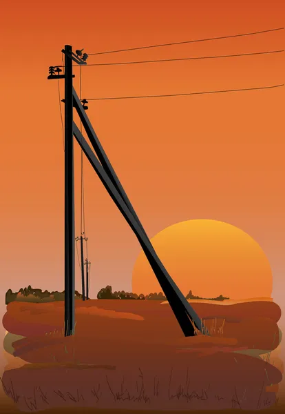 Electric power lines at sunset — Stock Vector
