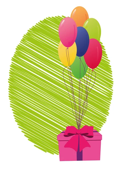 Cartão de saudação com caixa de presente e balões — Vetor de Stock
