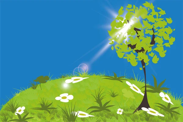 Streszczenie drzewo na łące w słoneczny letni dzień. — Wektor stockowy