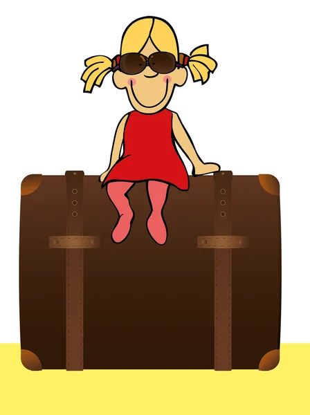 风趣的女孩坐在行李箱上 — 图库矢量图片