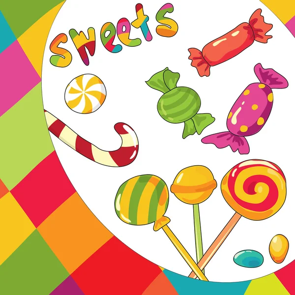 Ilustración vectorial de dulces. Fondo colorido — Archivo Imágenes Vectoriales