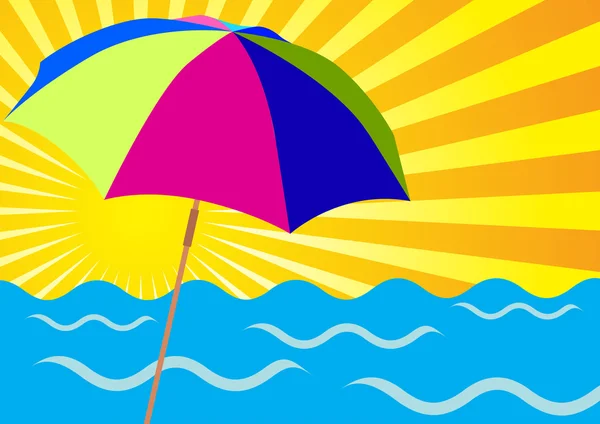 Zonnestralen, zee en strand parasols — Stockvector