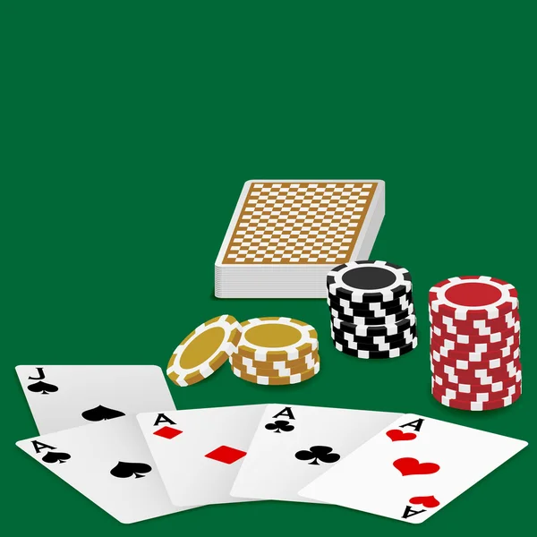 Karty do gry i żetony do pokera — Wektor stockowy