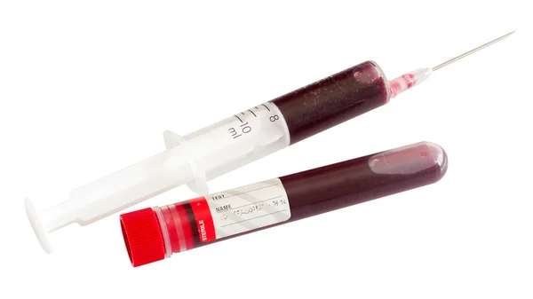 Seringa e tubo de teste com sangue — Fotografia de Stock
