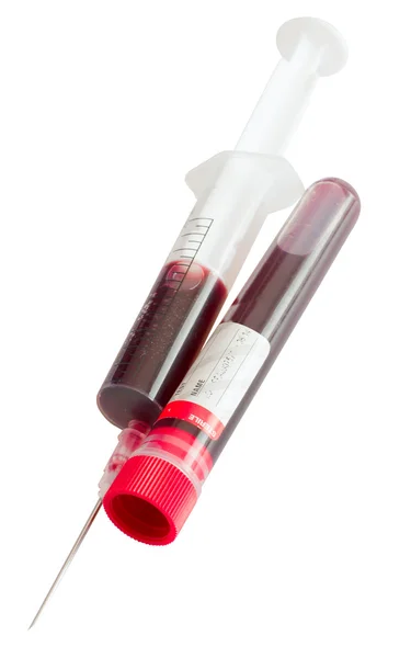 Seringa e tubo de teste com sangue — Fotografia de Stock
