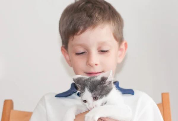 De jongen van vijf jaar en kitten — Stockfoto