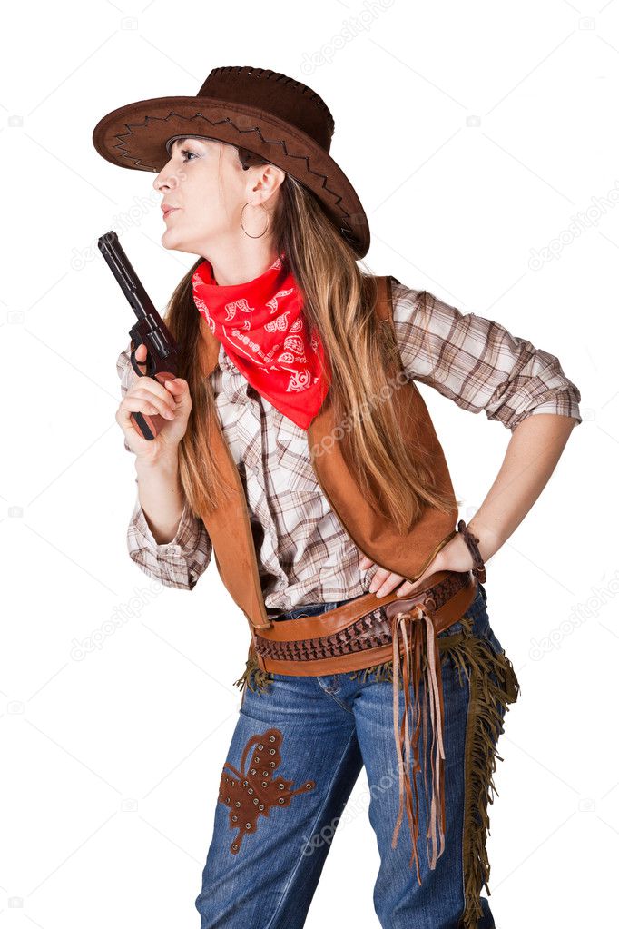 An isolated photo of a cowgirl with a gun — Stock Photo © Pirotehnik ...