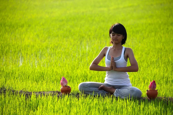 Ragazza che pratica yoga, seduta con fiore di loto nel campo di risaia — Foto Stock